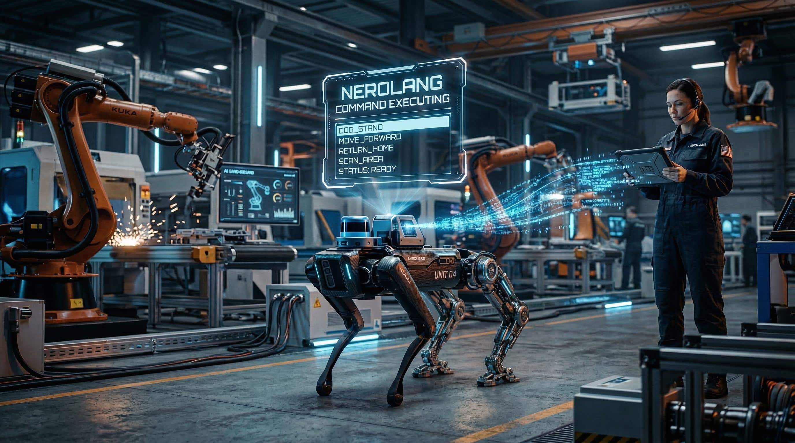 Technician controls a robotic dog in a factory using a tablet and holographic command interface.